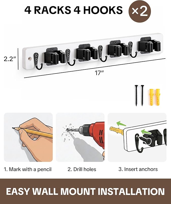 Lorbro 2 Pack Broom Holder Wall Mount, Wooden Broom and Mop Organizer Wall Hanging, Mop Hanger Rack with 4 Slots & 4 Hooks, Tool Organizer for Laundry Room, Closet, Garage, Kitchen