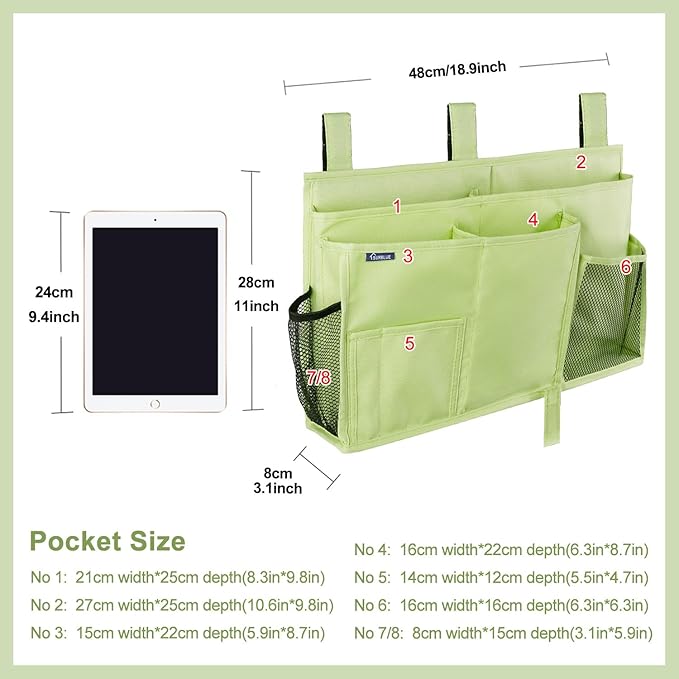Surblue Bedside Caddy Hanging Bed Organizer Storage Bag Pocket for Bunk and Hospital Beds, College Dorm Rooms Baby Bed Rails, Camp 8 Pockets, (Large, Sage Green)