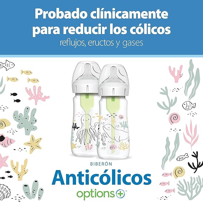 Dr. Brown's Anti-Colic Options+ Wide-Neck Baby Bottle Designer Edition Bottles, Ocean Decos, 9 oz/270 mL, Level 1 Nipple, 0m+, 2-Pack