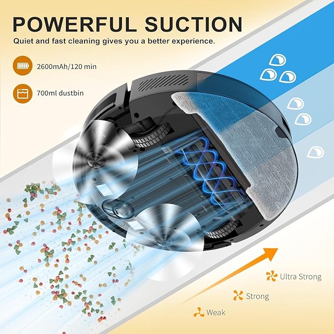 Robot Vacuum and Mop combo, 3500Pa Vacuum Cleaner Robot Navigation with high efficient roller brush, 60dB Robot Vacuum Cleaner with APP Control,Blue tooth, Ideal for Pet Hair, Carpets, Hard Floors