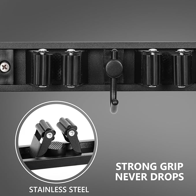 YA MI Mop holder, broom holder, stainless steel wall hanging tool storage device with 4 hooks in 4 positions, suitable for home bathrooms, kitchens, and gardens