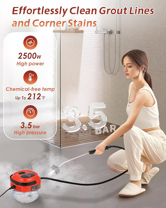 Handheld Steam Cleaner Touch Panel 2500W High Pressure Steamer for Cleaning Grout Tile Portable Steamer for Car Auto Home Small Power Cleaning Steamer with Drain Hole (Orange-red)