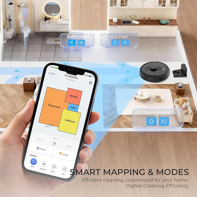 Robot Vacuum and Mop Combo, 10Kpa Robotic Vacuum Cleaner, 150 Min Max, Customized Cleaning, Multi-Floor Mapping, WiFi/Alexa/APP, Ideal for Hard Floors, Carpets & Pet Hair, Self-Charge (3620)