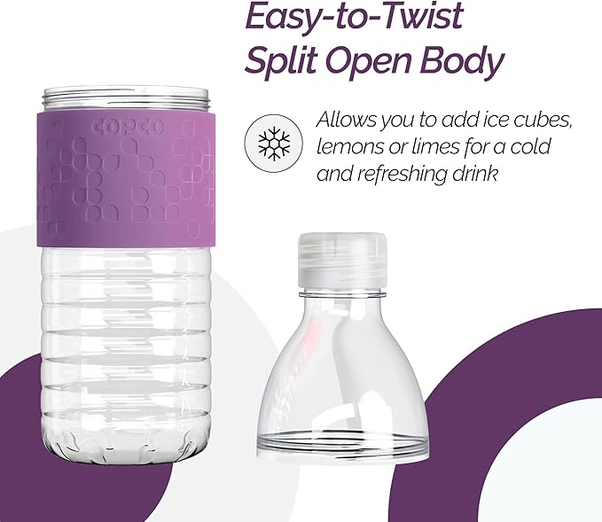 Copco Hydra Water Bottle with Spill-Resistant Lid, 16.9 oz (Set of 2) - Reusable Tritan Non-Slip Sleeve, Twist-Open Body - BPA-Free, Leak-Proof, Durable & Portable for Gym, Office, School (Purple)