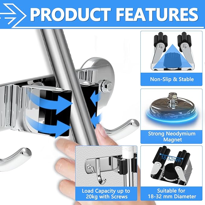 3-H Magnetic Broom Holder Wall Mount 2 Pack, 2-in-1 Dual Mount (No Drill or Screw Fix), 304 Stainless Steel Heavy Duty Magnet Mop Broom Organizer for Kitchen Garden Garage(4 Racks & 5 Hooks,Silver)
