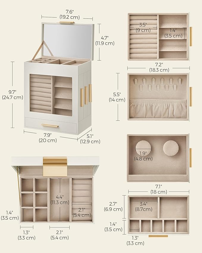 SONGMICS Jewelry Box with Glass Window, 5-Layer Jewelry Organizer with 3 Side Drawers, Jewelry Storage, with Big Mirror, Modern, 5.1 x 7.9 x 9.7 Inches, Cloud White and Metallic Gold UJBC172W01