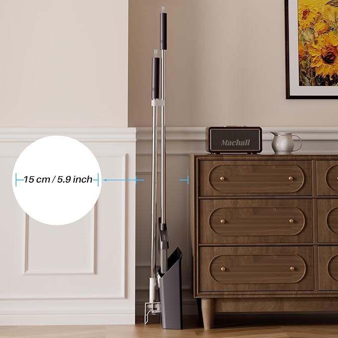 JOYMOOP Black Broom and Dustpan Set, Upright Angle Design with Built-in Comb Teeth for Home, Office, Hardwood Floors, Pet Hair