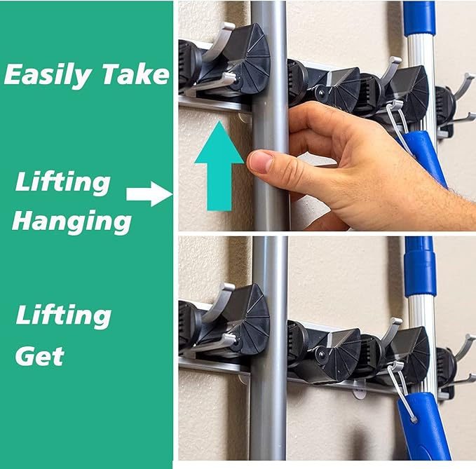 Mop And Broom Holder Wall Mount, Mop Holder, Garage Storage Garden Kitchen Tool Organizer Wall Hanger for Home Goods (4 Positions with 8 Hooks, Black)