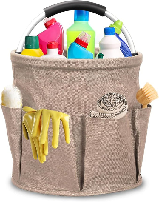 Qivine 17L Cleaning Caddy with Handle, Cleaning Supply Caddy, Foldable Tool Bag Cleaning Products Organizer, Portable Cleaning Bucket Caddy for Cleaning Supplies (Khaki)
