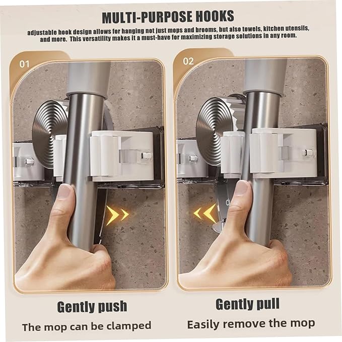 2PCS Suction Cup Broom Holder Wall Mount, No Drill Mop and Broom Organizer with Retractable Towel Rack, Transparent Bathroom Storage, GreyHome Decor
