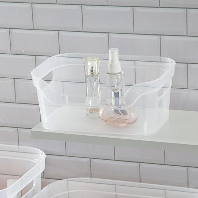 Sterilite 9.5 x 6.5 x 4 Inch Small Open Scoop Front Clear Storage Bin with Comfortable Carry Through Handles for Household Organization (64 Pack)