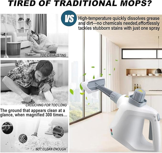 Handheld Pressurized Steam Cleaner with 11 Attachments – Portable Multi-Surface Steamer for Home, Mattress, Floors, Couch, Windows, Upholstery, Car, and Grout – Deep Cleaning & Stain Removal(White)