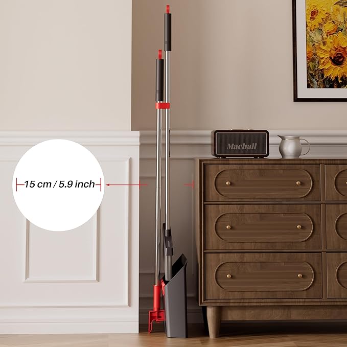 JOYMOOP Black and Red Broom and Dustpan Set, Upright Angle Design with Built-in Comb Teeth for Home, Office, Hard Floors