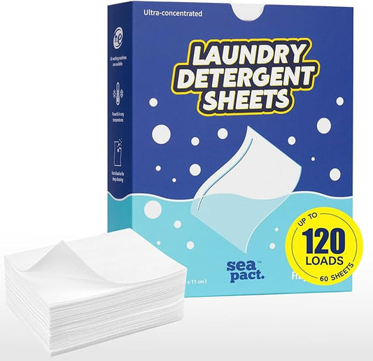 Laundry Detergent Sheets 120 Loads, Plastic Free Eco Friendly, Stain-Fighting Enzymes, Unscented Laundry Sheets, Hypoallergenic, Fragrance Free, Space-Saving for Dorm House, Travel essentials, 60 Ct