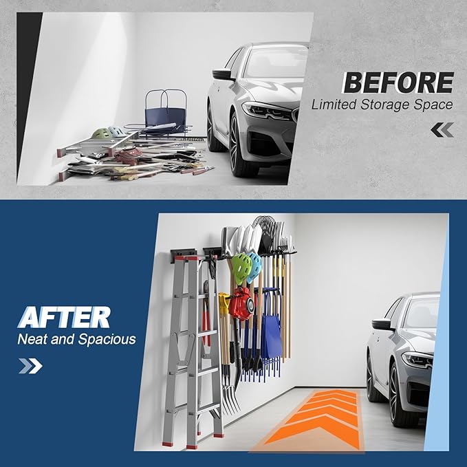 Housolution Heavy Duty Garage Wall Organizer 96 Inch - 20Pack Carries 720 lbs, Garage Tool Storage System, 6 Rails with 12 Adjustable Metal Hooks, Garden Yard Shed Rack for Rake Broom Mop Snowboard