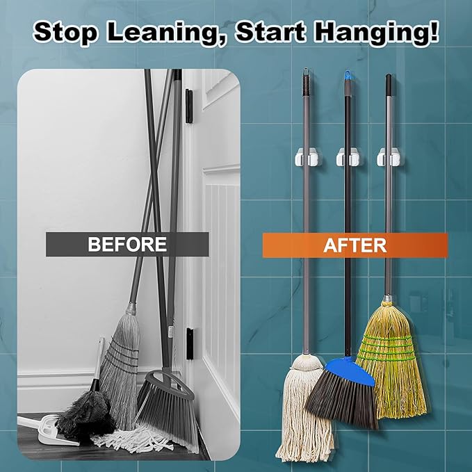 funest 6 Pack Mop and Broom Holder Wall Mount, No Drill Needed Self Adhesive, Non-Slip Mop Grippers for Tile Walls - Kitchen, Bathroom, Garage（White）