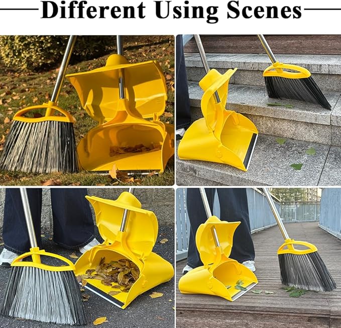 Heavy Duty Outdoor Broom and Dustpan Set - 145CM Extra Long Handle, Stiff Bristles for Tough Debris, Angled Broom Head - Ideal for Garage, Patio, Garden Kitchen House Floor Cleaning