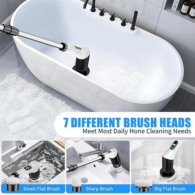 Electric Spin Scrubber, Cordless Power Cleaning Brush with 7 Replaceable Heads, Adjustable Long Handle, & LCD Display, IPX6 Waterproof Shower Scrubber for Bathroom, Tub, Tile, Floor & Car