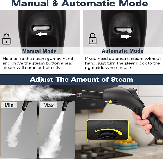 Steam cleaner, complete with 21 accessories, 248 °F high temperature, 1.1 l water tank, suitable for cleaning ovens, carpets, sofas, upholstery, toys and smooth floors.