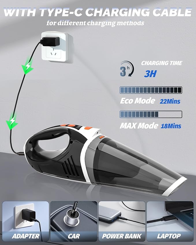 BRL Handheld Vacuum Cordless, Car Vacuum Cleaner with Powerful Suction, 2 Modes Mini Hand Vacuum, Dry & Wet, LED Light, Portable Vacuum for Car Pet Hair, Home, Office, Keyboards Black Orange