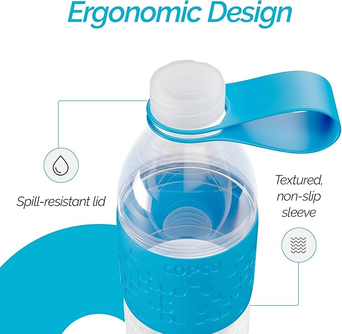 Copco Hydra 20 oz Tritan Water Bottle with Spill Resistant Lid & Non-Slip Sleeve - BPA-Free, Dishwasher Safe, Fits in Cup Holders, Great for Gym, Travel, Office - Durable & Lightweight (Blue)