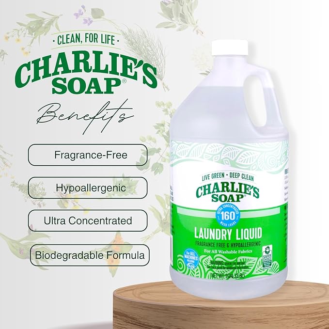 Charlie’s Soap – Fragrance-Free Laundry Liquid detergent – 160 Loads (128 oz, 1 Pack)