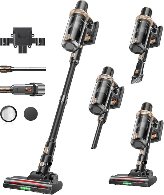 Cordless Vacuum Cleaner, 450W 48KPA Suction Power, 50 Minutes Runtime, Rechargeable Stick Vacuum for Carpet, Tile, Pet Hair, Hardwood Floors, Black Gold