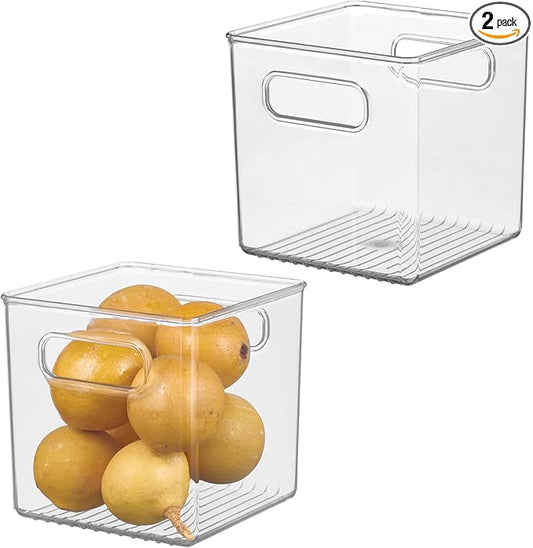 iDesign Pantry Storage Bins with Handles - Cube Organizer Bins for Cabinets or Fridge - Set of 2 - Clear
