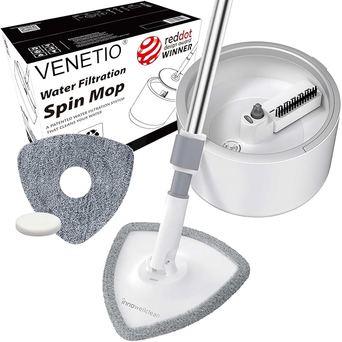 VENETIO Innowellclean Water Filtration Triangle Spin Mop and Bucket Set for Floor Cleaning - Self Wringing/Dry/Wet All-in-One Microfiber Mop System for Home Hardwood, Laminate, Tile (2 Pads)