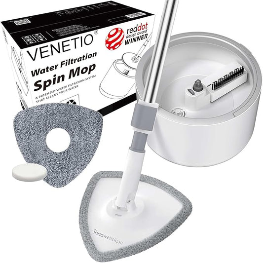 VENETIO Innowellclean Water Filtration Triangle Spin Mop and Bucket Set for Floor Cleaning - Self Wringing/Dry/Wet All-in-One Microfiber Mop System for Home Hardwood, Laminate, Tile (2 Pads)