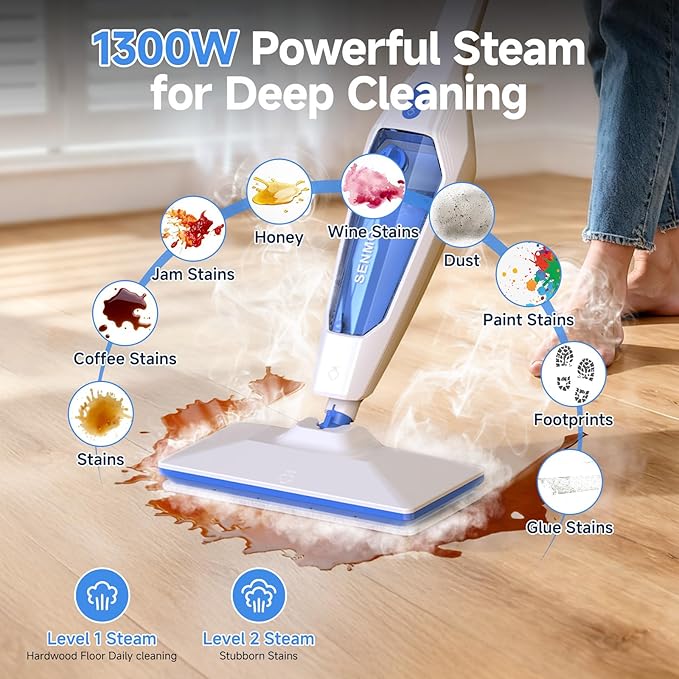 SENMO Steam Mop, 14-in-1 Detachable Steam Cleaner for Home and Floor, 1300W 228°F Deep Cleaning MultiPurpose Floor Steamer with 14 Attachments for Hardwood Floors, Tile, Grout, Furniture, Carpet, Wall