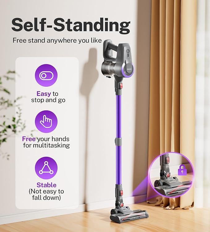 DEVOAC N300 Cordless Vacuum Cleaner, 6 in 1 Lightweight Stick Vacuum, 2200mAh Battery Up to 40mins Runtime, Powerful Handheld Vacuum for Hard Floor Rug Pet Hair Home Dorm (Purple)
