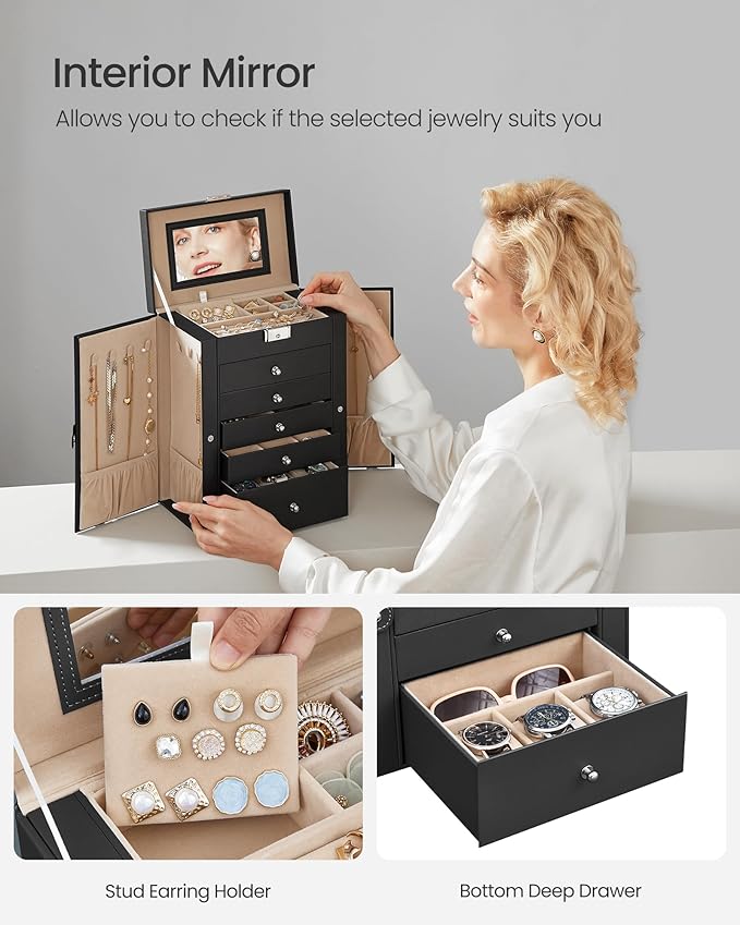 SONGMICS 6-Layer Jewelry Box Organizer with 5 Drawers, Jewelry Storage Case with Lock and Mirror, Large Storage Capacity, Gift for Loved Ones, for Necklaces, Watches, Black UJBC152B01
