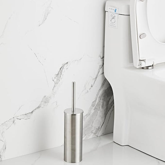 Brushed Nickel Toilet Brush and Holder Set - Stainless Steel Toilet Bowl Scrubber with Replaceable Head & Splash Guard