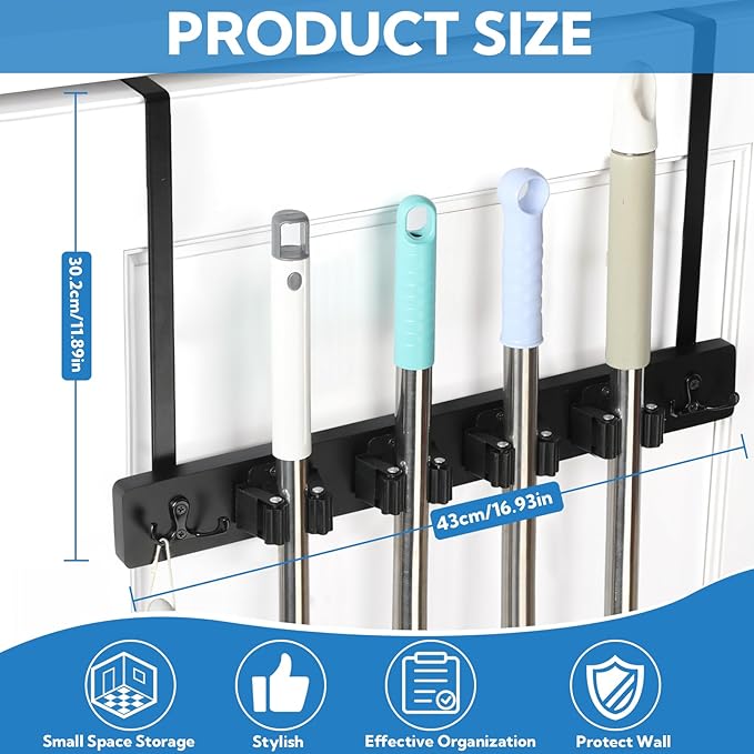 2 Pack Broom Holder Door Mount Black Broom Closet with 2 Over Door Hooks Over the Door Broom and Mop Holder Broom and Mop Organizer Wall Hanging with 4 Racks and 4 Hooks for Laundry Garage Closet Home