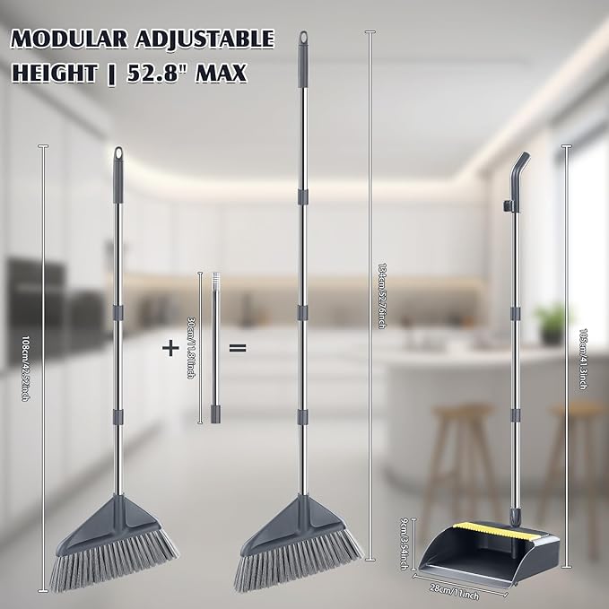 Broom and Dustpan Set for Home with 52 Inch Long Angled Handle - Stand Up Dustpan No Warping Metal Edge, Ergonomic Sweeping, 4 Layer Bristles and Hair Cleaning Teeth for Kitchen Office