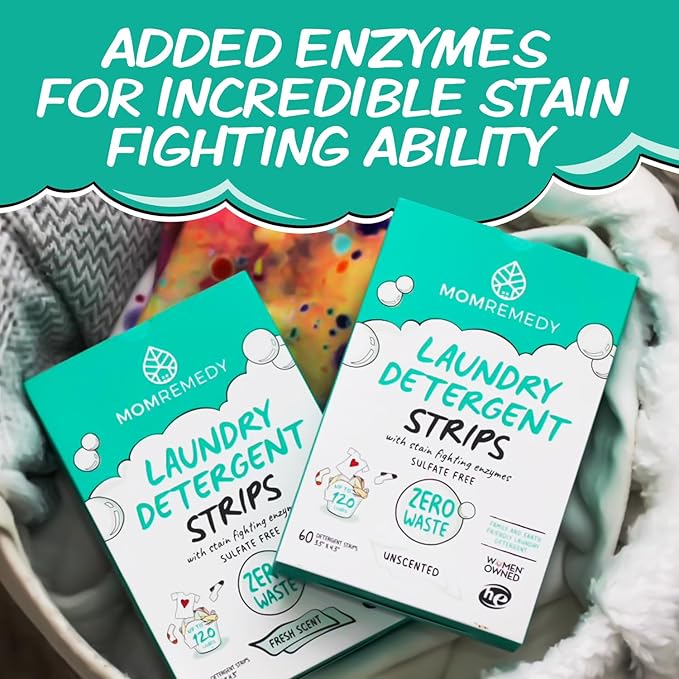 MomRemedy Laundry Detergent Sheets with Powerful Stain Fighting Enzymes - Made in EU, Sulfate Free, Zero Waste Laundry Sheets Detergent in Recyclable Packaging - Travel Friendly 60 Count (Unscented)
