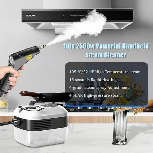 Powerful 2500W Handheld Steam Cleaner,15s Fast Heat-Up & High-Pressure Steam, 6-Level Adjustable Settings for Deep Cleaning on Floors, Kitchen, Bathroom, Car, Grout (White)