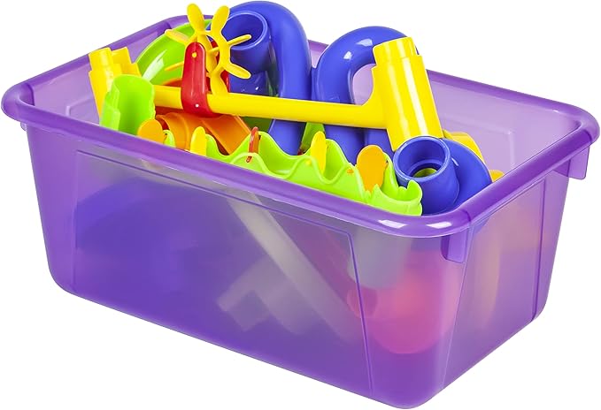 Storex Small Cubby Bins – Plastic Storage Containers for Classroom with Non-Snap Lid, 12.2 x 7.8 x 5.1 inches, Tint Violet, 5-Pack (62484U05C)