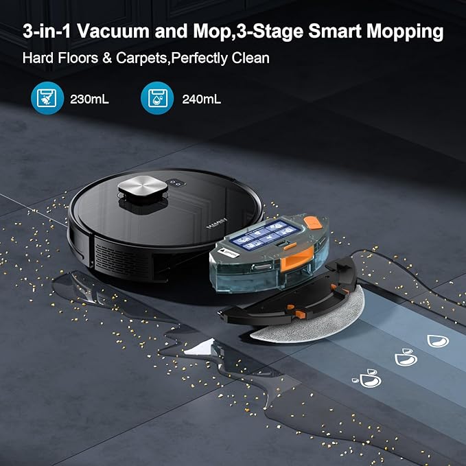 MAMNV Robot Vacuum and Mop, 11500 Pa Suction, 3-in-1 Robotic Vacuum with Smart LiDAR Navigation, 90 Day Self-Emptying,160 Min Runtime,App/Alexa/Voice Control, Ideal for Pet Hair, Carpet & Hard Floor