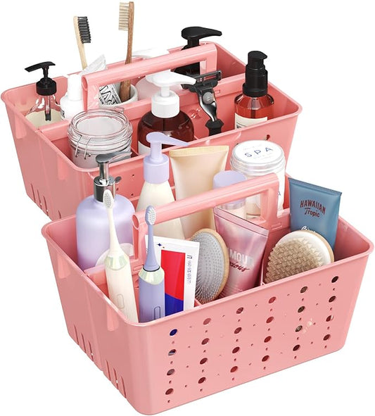 Lifewit Shower Caddy Portable, Plastic Bathroom Organizer with Handle and Holes, Hard Cleaning Basket for Toiletry Storage, College Dorm Essentials, Pink, 2 Packs