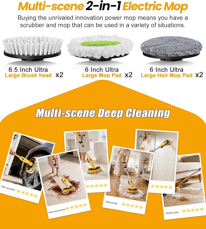 qimedo 6000mAh Battery Cordless Electric Mop M3 Pro, 800RPM Electric Power Scrubber & Mops for Floor Cleaning, Automatic Spin Mops with Smart Display,Rotating Mop with LED Light & Water Spray