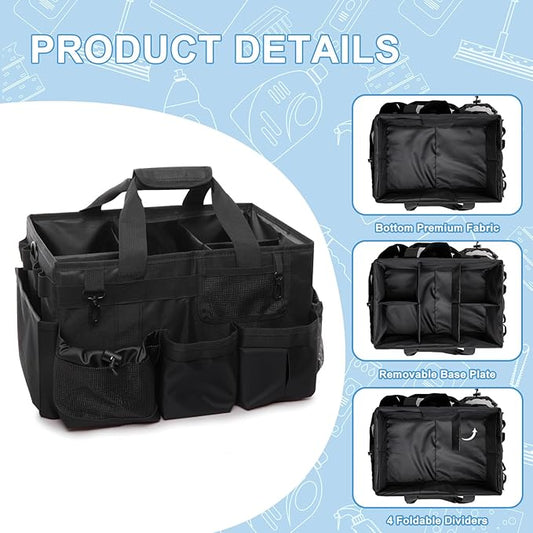 Large Cleaning Caddy Tote Bag with 4 Foldable Dividers Sturdy Support Board, Waterproof Cleaning Tools Organizer with Adjustable Shoulder Strap Waist Belt for Housekeepers, Cleaners Professional Use