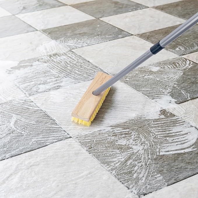 Floor Scrubber Brush with Long Handle for Deck Cleaning, 52'' Stiff Bristle Scrub Broom for Shower, Bathroom, Boat, Concrete, Carpet, Garage