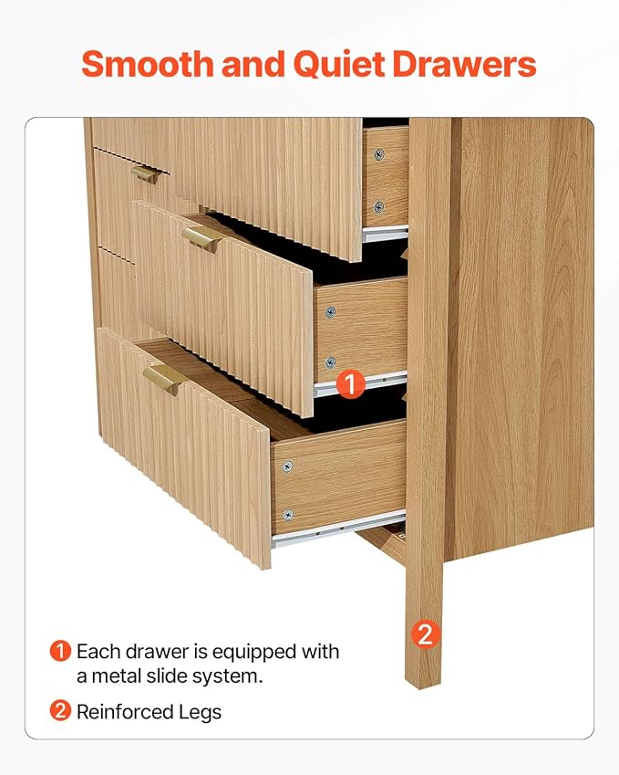 VEVOR Fluted Dresser with 6 Drawer, 47" Wide Chest of Drawers with Golden Metal Handle, Modern Closet Dresser TV Stand, Boho Wood Storage Organizer for Bedroom, Living Room, Hallway, Entryway, Natural