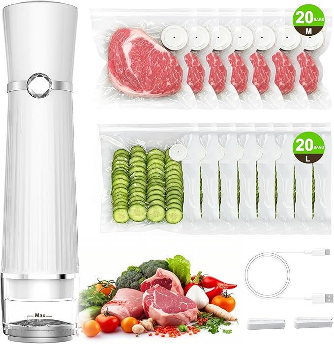 Vacuum Sealer for Food (Compact Vacuum Sealer Machine + 40 Reusable Vacuum Bags), Powerful 80Kpa Portable Vacuum Sealer for 10X Preservation & Fresh, Handheld Vacuum Food saver With 2 Seal Clips