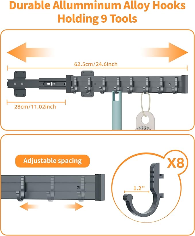 Pull Out Broom Holder With Adjustable Row Sliding Hook, Multifunctional Slide Broom And Mop Storage/Organizer Garage Organization Hooks, for Closet Laundry Garage - Dark grey - 36cm/14.17in