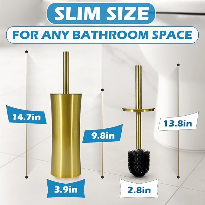 Stainless Steel Toilet Brush and Holder, Golden Toilet Cleaner Brush, Toilet Bowl Brush and Holder for Bathroom Storage Organization