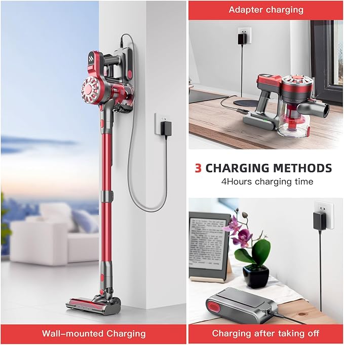 Cordless Vacuum Cleaner for Home, Lightweight Stick Vacuum Cordless Rechargeable with Power Suction, Up to 35 Mins Runtime, Hardwood Floor Vacuum for Pet Hair, Carpets, Tile(Red)