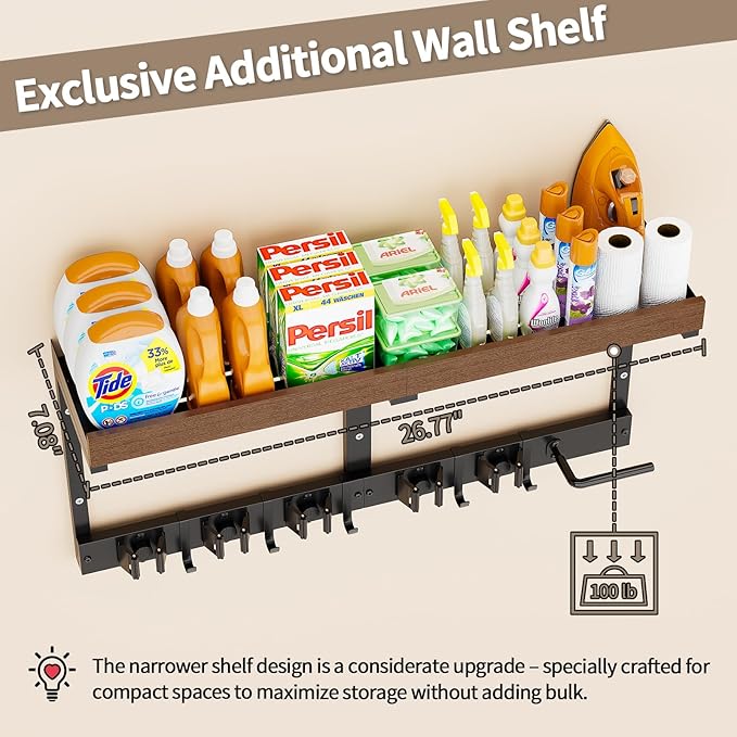 Broom Holder Wall Mount with Cleaning Supplies Organizer, Laundry Room Shelves with Mop Hanger Rack Gripper Hooks and Vacuum Organizer, Broom and Mop Organizer Wall Hanging for Home Garage Kitchen